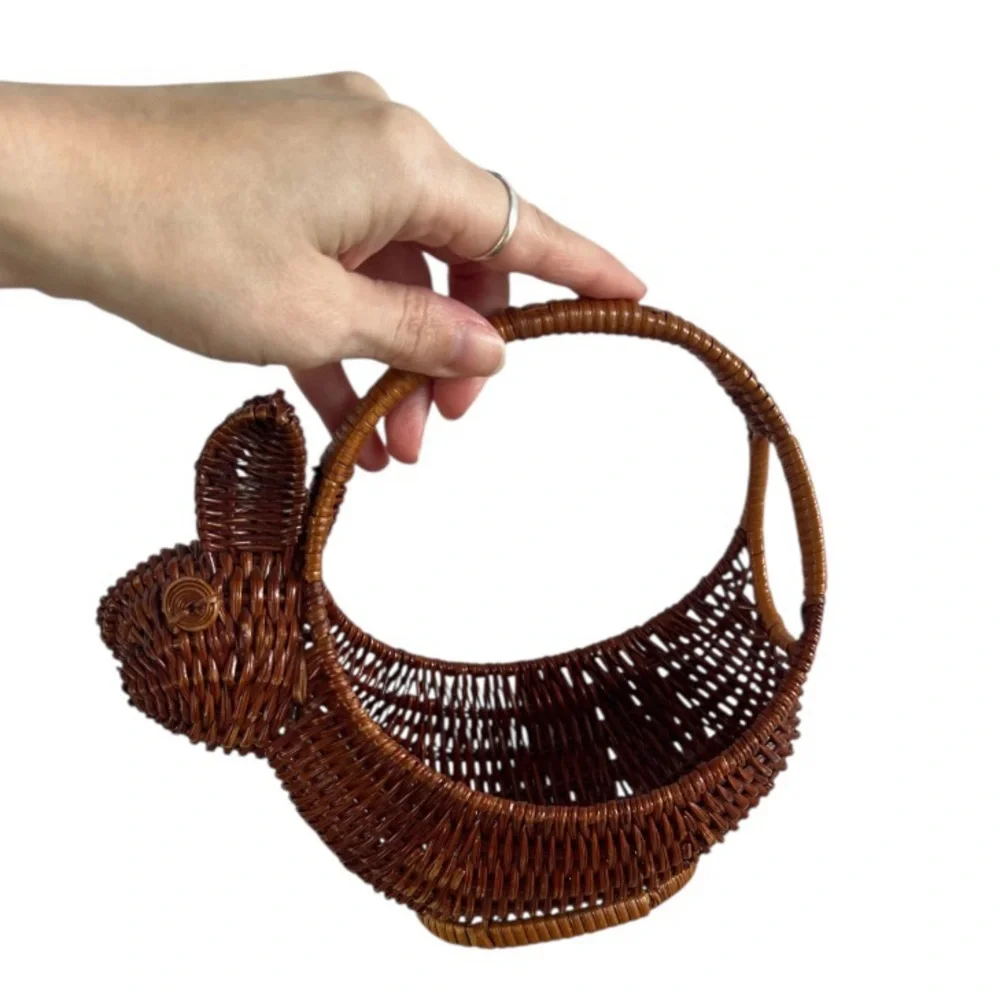 Vintage Hand Made Wicker Rattan Small Brown Bunny Rabbit Basket Boho Farmhouse